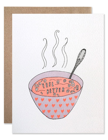 Steaming bowl of tomato soup with 'feel better' written in alphabet soup letters. Illustration by Hartland Brooklyn