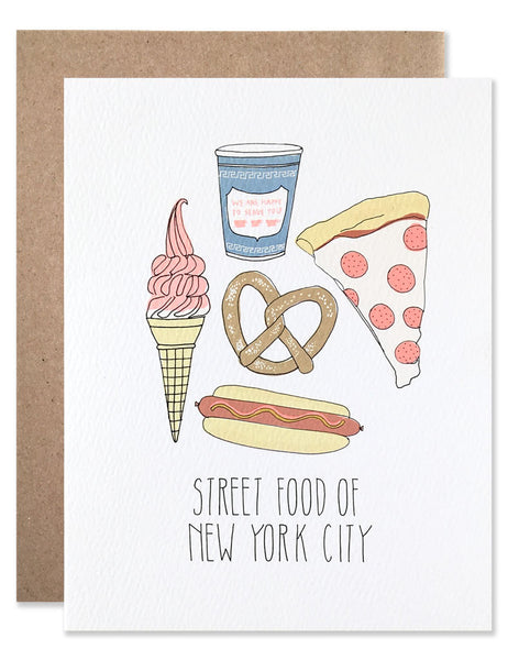 Street foods found in NYC including large hot pretzel, hot dog, pizza, greek coffee cup and soft serve ice cream dipped. Illustrations by Hartland Brooklyn.