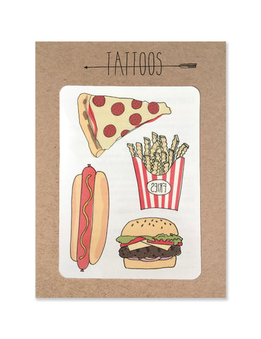 Pizza and fast food tattoos illustrated by Hartland Brooklyn printed with vegetable inks and made in the