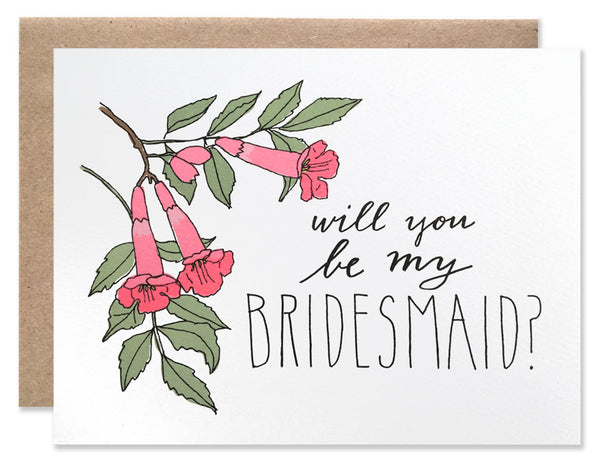 Pink trumpet vine flowers with 'Will you be my bridesmaid' handwriting. Both handwriting and illustrations by Hartland Brooklyn