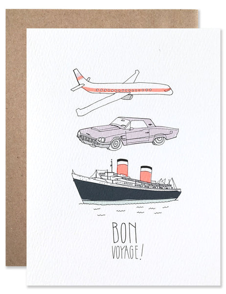 Airplane, car and cruise ship with neon details illustrated by Hartland Brooklyn
