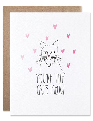 Line illustration of a cat with pink hearts around it's head and hand writing that says, 'You're the Cats Meow'. Illustrated by Hartland Brooklyn.