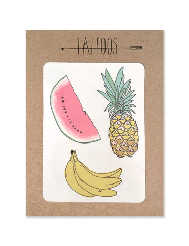 Assorted fruit tattoos illustrated by Hartland Brooklyn printed with vegetable inks and made in the USA.