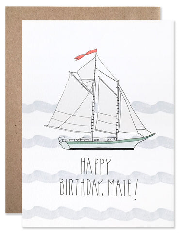 Blue gray wave squiggles with a blue schooner with Happy Birthday Mate written below. Illustrated by Hartland Brooklyn.
