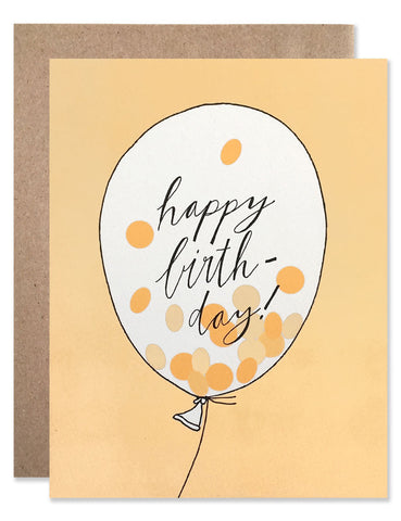 neon orange confetti inside of a balloon that says happy birthday with a neon orange background. Illustrated by Hartland Brooklyn.