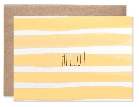 Wide orange water color stripes with Hello! written in the center. Illustrated by Hartland Brooklyn.