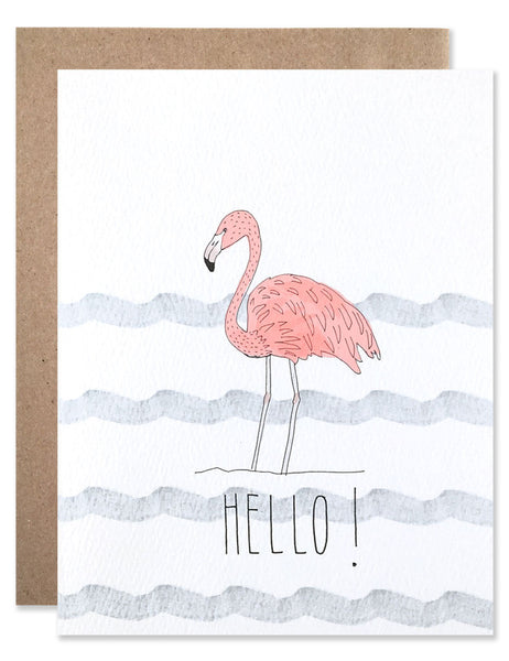 Pink flamingo with blue water stripes illustrated by Hartland Brooklyn