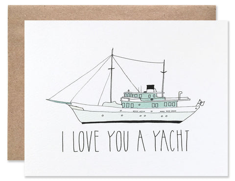 A pale green yacht with I Love You a Yacht written underneath. Illustrated by Hartland Brooklyn.