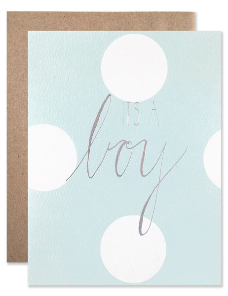 It's A Boy baby blue and polka dot card with calligraphy by Hartland Brooklyn.