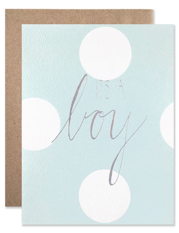 It's A Boy baby blue and polka dot card with calligraphy by Hartland Brooklyn.