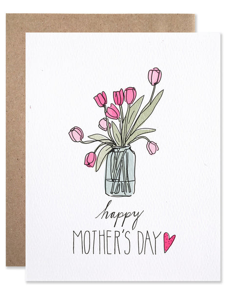 Mason jar of pink tulips with Happy Mother's Day written underneath it. Illustrated by Hartland Brooklyn.