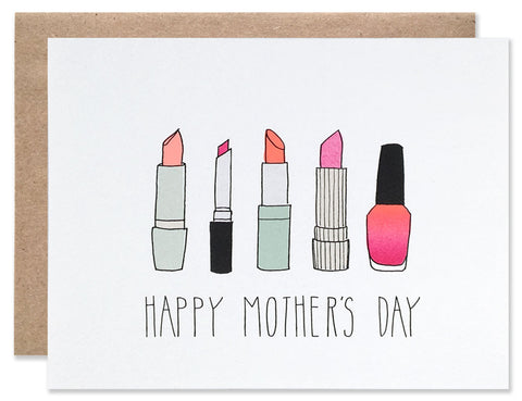 Four different colors of lipstick and one bright pink nail polish with Happy Mothers Day written below. Illustration by Hartland Brooklyn