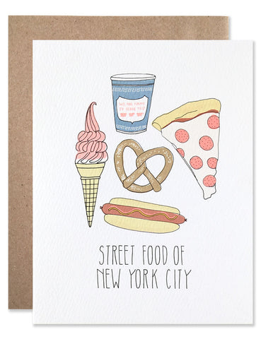 Street foods found in NYC including large hot pretzel, hot dog, pizza, greek coffee cup and soft serve ice cream dipped. Illustrations by Hartland Brooklyn.