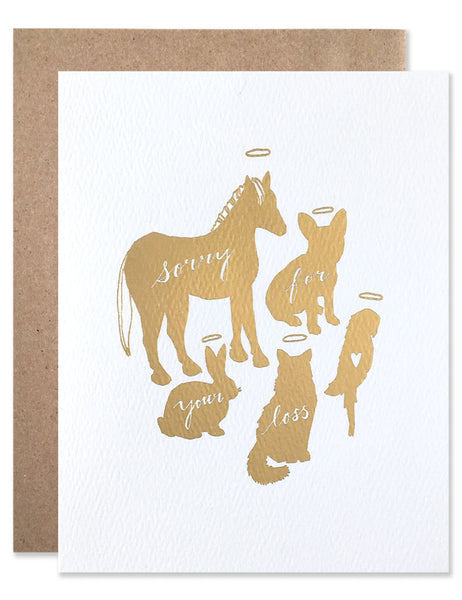 Gold foil animal shadows of a horse, rabbit, cat, dog and parrot illustrated by Hartland Brooklyn