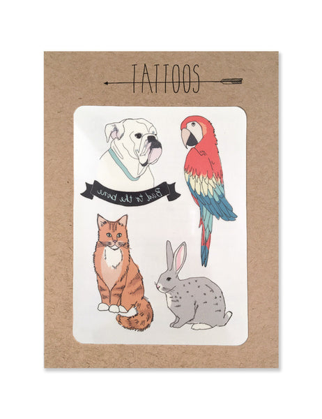 Pet tattoos illustrated by Hartland Brooklyn printed with vegetable inks and made in the USA.