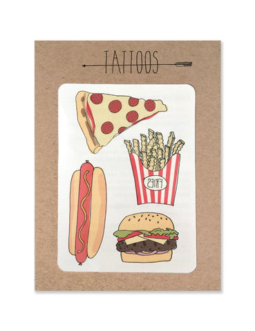 Pizza and fast food tattoos illustrated by Hartland Brooklyn printed with vegetable inks and made in the 
