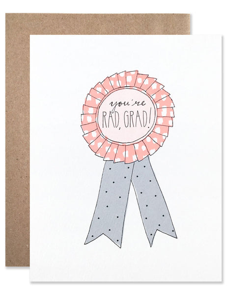 Pink and blue ribbon award with 'You're Rad Grad' in the center of the ribbon. Illustration by Hartland Brooklyn