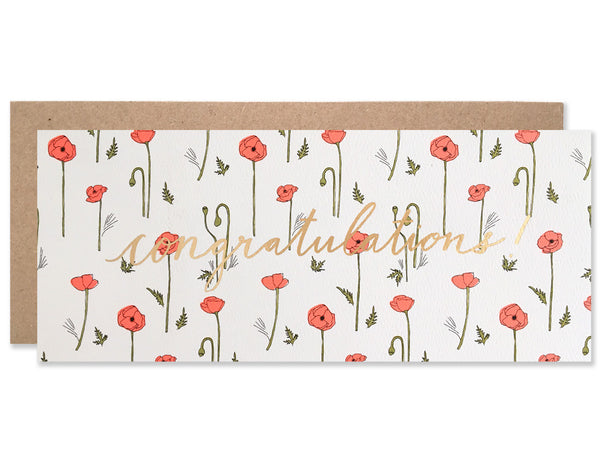 Gold foil congratulations centered script with neon red poppies pattern. Illustration and handwriting by Hartland Brooklyn.