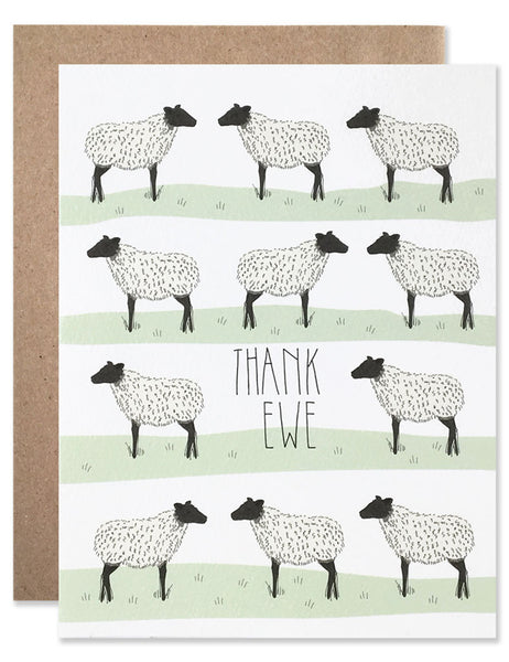 Illustrated white sheep with black faces standing in rows of green grass with 'thank ewe' written in the middle. Hand illustrated by Hartland Brooklyn. 