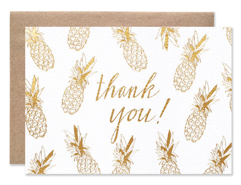 Gold foil stamped pineapples with thank you script illustrated by Hartland Brooklyn