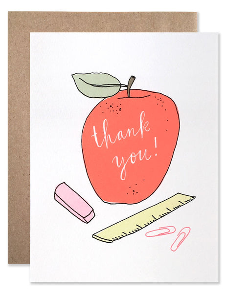 Illustration of a red apple, eraser, wooden ruler and paper clips by Hartland Brooklyn.