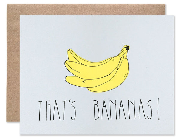Pale blue card with neon yellow banana that's bananas! Illustration by Hartland Brooklyn