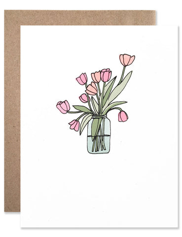 Pink and orange tulips in a blue mason jar hand illustrated by Hartland Brooklyn.