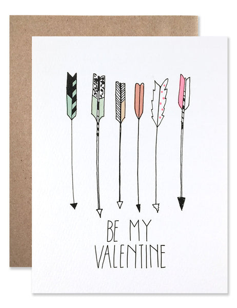 6 multi-colored feather arrows pointing at the words "Be My Valentine". Illustrated by Hartland Brooklyn.