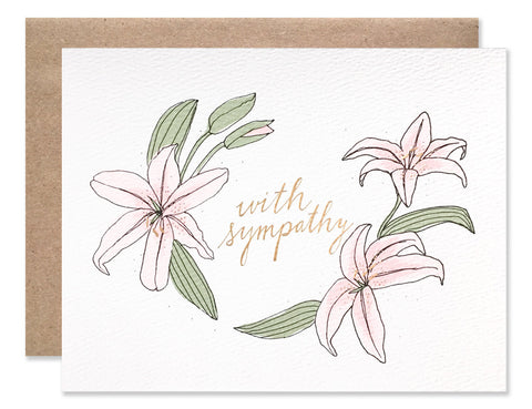 With Sympathy Lily is illustrated by Hartland Brooklyn and features three pink lilies with gold foil accents