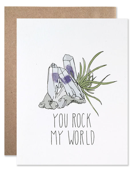 Purple Crystals with an green air plant illustrated by Hartland Brooklyn with the text You Rock My World below.