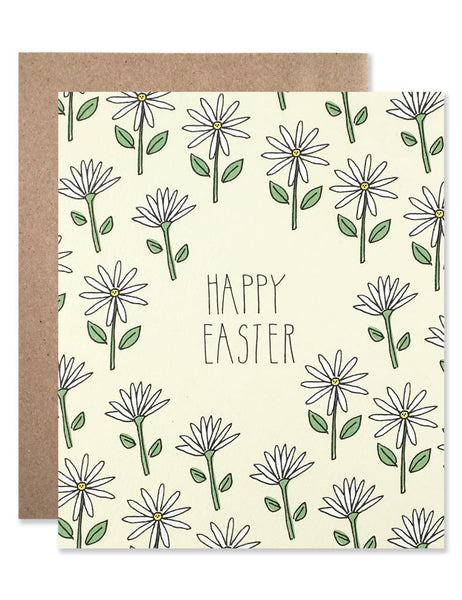 White daisy pattern on a pale yellow background with Happy Easter written in the center. Illustrations by Hartland Brooklyn.