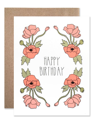 Reflected sprigs of neon red poppies with Happy Birthday written in the center. Illustrated by Hartland Brooklyn.