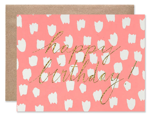 neon pink background with white dots and gold glitter Happy Birthday foil by Hartland Brooklyn