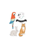 Animals included in the pet tattoo pack are a parrot, cat, rabbit, and bull dog.